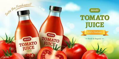 Fresh tomato juice ads with piles of vegetables on bokeh blue sky background in 3d illustration vector