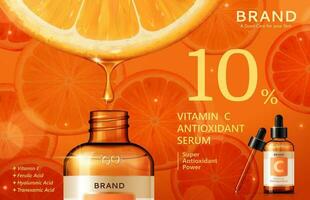 Vitamin C serum ads with liquid dripping from citrus into droplet bottle in 3d illustration vector