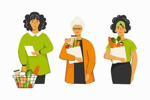 Set of women with food. Different women holding a basket or bag of groceries. Concept of healthy eating, healthy lifestyle, meal planing. Can be used for social media banner, web page and other. vector