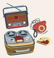 Vector set of retro devices. Radio, tape recorder, telephone, electric iron.