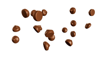 Chocolate chips morsels or drops from top view closeup Falling Flying Chocolate chips 3d illustration png