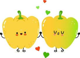 Yellow bell pepper and green bell pepper card. Vector hand drawn doodle style cartoon character illustration icon design. Happy Yellow bell pepper and green bell pepper friends concept card