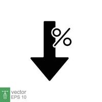 Interest rate reduction icon. Simple flat style. Percent down, reduce, low, decrease concept. Black silhouette symbol. Vector symbol illustration isolated on white background. EPS 10.