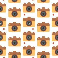 Seamless pattern with colorful photo camera and hearts. Photography, hobby texture. Vector flat illustration isolated on white background