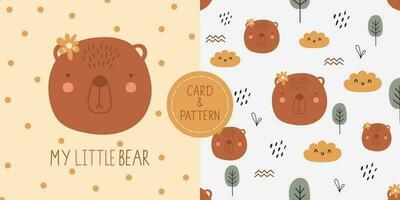 Seamless childish pattern with cute bear, trees, clouds and abstract figures. Animal seamless background. Scandinavian style element for t-shirt print, postcard, wallpaper and poster. vector