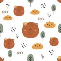 Childish Bear seamless pattern. Seamless childish pattern with cute bear, trees, clouds and abstract figures. Hand drawn vector illustration.