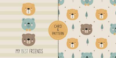 Seamless childish pattern with cute bear, trees and dots. Three cute bears with a quote are My best friends. Animal seamless background. Scandinavian style element for t-shirt print vector