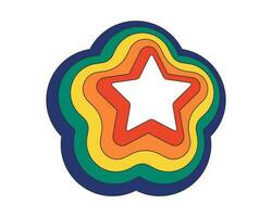 Retro groovy hipster star with rainbow colored trace. Psychedelic hippie iridescent colors comet radiance. Hippy vintage abstract crazy sticker. Trendy y2k pop art colourful element. Trippy eps badge vector