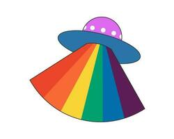 Retro groovy hipster UFO with rainbow rays. Psychedelic hippie flying saucer with iridescent colors beam. Hippy vintage abstract crazy sticker. Trendy y2k pop art colourful element. Trippy eps vector