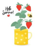 Poster hello Summer. Branches of strawberries with Berry and cute bee in cup. Vector illustration in cartoon flat style.