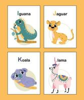 Cute animal alphabet from I to L. Educational vector illustration in bright colors. Iguana, Jaguar, Koala, Llama. Colorful hand drawn cartoon animal alphabet cards isolated on yellow background.
