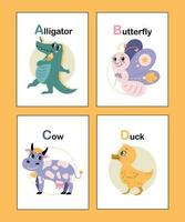 Cute animal alphabet from A to D. Educational vector illustration in bright colors. Alligator, Butterfly, Cow, Duck. Colorful hand drawn cartoon animal alphabet cards isolated on yellow background.