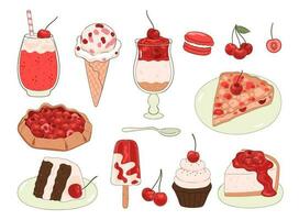 Set of cherry desserts isolated on white background. Vector graphics.