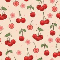 Seamless pattern with cherries and flowers. Vector graphics.