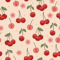 Seamless pattern with cherries and flowers. Vector graphics.