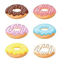 Colorful glazed donut set on white background. Set sweet birthday pastry. Confectionery dessert. For menu design, cafe decoration, delivery box. Vector illustration in flat style