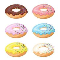 Colorful glazed donut set on white background. Set sweet birthday pastry. Confectionery dessert. For menu design, cafe decoration, delivery box. Vector illustration in flat style