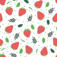 Strawberry with leaves vector pattern background. Fruit illustration isolated on white background. Seamless background with red strawberries for wrapping paper, wallpaper