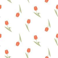 Seamless pattern of hand drawn tulips in pastel colours on isolated background. Design for mothers day, springtime and summertime celebration, scrapbooking, textile, home decor, paper craft. vector