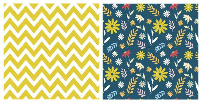 Set of seamless patterns with hand drawn wild flowers and chevron pattern on isolated background. Design for mothers day, Easter, springtime and summertime celebration, scrapbooking.