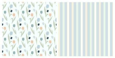Set of seamless patterns with hand drawn tulips and stripes on isolated background. Design for mothers day, Easter, springtime and summertime celebration, scrapbooking, home and nursery decor. vector