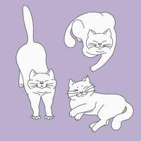 Cute white cats in different poses on purple background. Set of cat poses. Cat posing. Hand drawn vector art.