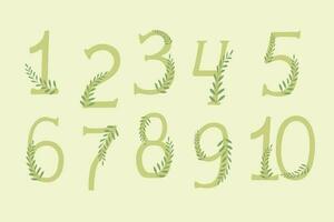 Numbers from Zero to Ten with plant branches. Hand drawn vector art. Botanical colors