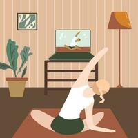 Girl exercising at home and watching online tutorials on laptop. Modern illustration of a woman doing yoga in the living room. Pilates online class, course, quarantine. Illustration for web platform vector