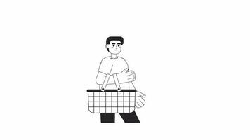 Animated bw boy holds grocery basket. Happy shopper in supermarket, store isolated 2D flat monochromatic thin line character 4K video footage on white with alpha channel transparency for web design