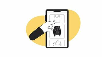 Animated bw clothes store app. Swiping online shop 2D cartoon thin line flat animation. Fashion ecommerce on phone first view hand 4K video concept footage, alpha channel transparency for web design