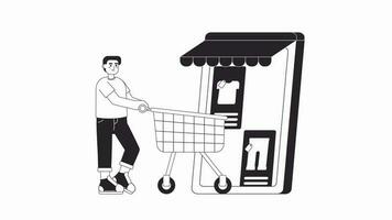 Online store visit bw animation. Animated guy with shopping trolley 2D flat monochromatic thin line character. Mobile e commerce 4K video concept footage with alpha channel transparency for web design
