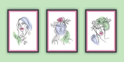 Line art paintings of a woman with abstract geometric shapes in a frame vector