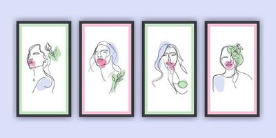 Line art paintings of a woman with abstract geometric shapes in a frame vector