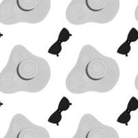 Endless pattern of a summer hat with wide brim and stripes around and sunglasses in grayscale. EPS vector