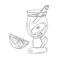 Outline hand drawn of a glass cup with mulled wine, cinnamon stick, apple and lemon slices. Vector