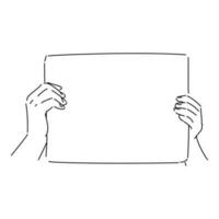 hand holding empty board, cardboard, or paper in sketch style. isolated on white background. hand drawn vector illustration.