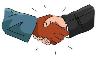 handshake. concept of business, diversity, friendship, cooperation, etc. line art style with color, sketch. isolated on white background. hand drawn vector illustration.