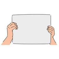 hand holding board, cardboard, or paper in sketch style with color. isolated on white background. hand drawn vector illustration.