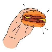 hand holding burger in line art style with color. isolated on white background. hand drawn vector illustration.