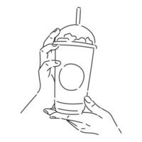 both hands holding a cold drink in a cup, ice coffee cup, juice cup. with line art style, sketch. isolated on white background. hand drawn vector illustration.