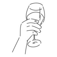 hand holding wine glass. with line art style, sketch. isolated on white background. hand drawn vector illustration.