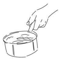 hand holding a saucepan, pot in line art, sketch style. isolated on white background. hand drawn vector illustration.