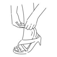 hands fixing heels in line art, sketch style. isolated on white background. hand drawn vector illustration.