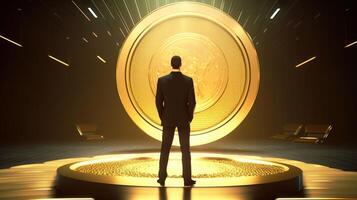 businessman with large gold coin, digital art illustration, photo