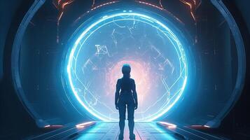 heroic character in futuristic portal, digital art illustration, photo