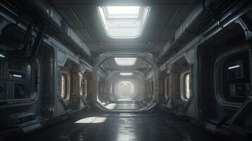 desolate space station corridor, digital art illustration, photo