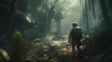 soldier maneuvers in jungle terrain, digital art illustration, photo