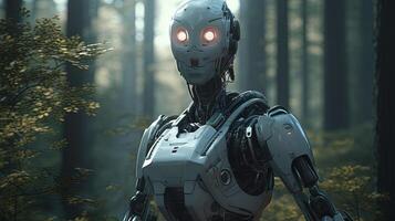 modern robot in the woods, digital art illustration, photo