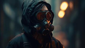 cyberpunk girl wearing gas mask and hoodie, digital art illustration, photo