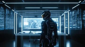 man wearing futuristic helmet stand in front computer, digital art illustration, photo